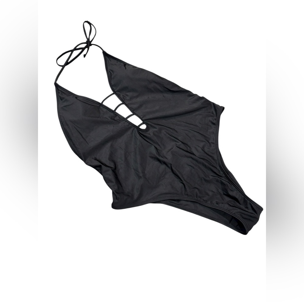 SHEIN Black One-Piece Halter Swimsuit with Front Cutouts